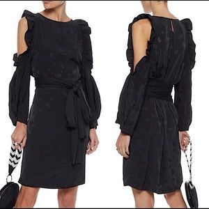 MAJE Rod Black Jacquard Viscose Cold Shoulder Mini Dress Ruffle Paisley LBD chic